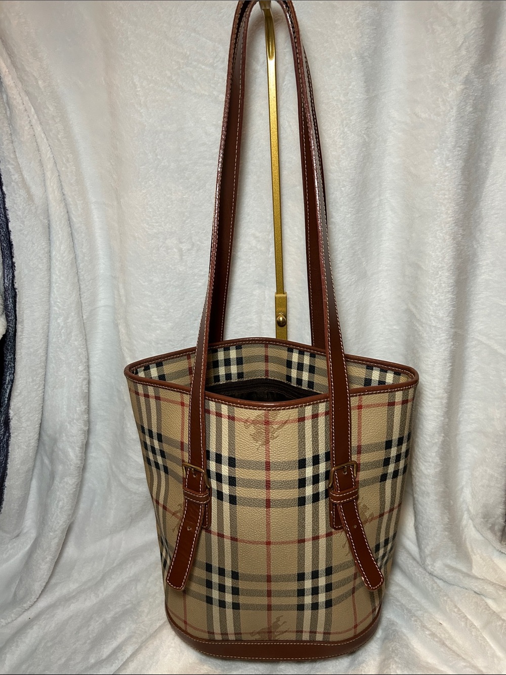 412. Burberry Beige Check Bucket Tote with Brown Leather Straps